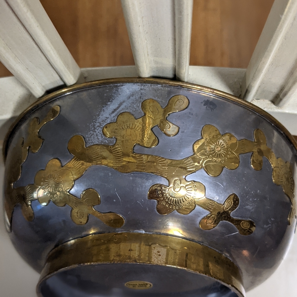 Vintage, Asian, Chinese Bowl. Pewter and brass cherry blossom bowl. 6x6x2.7'.
